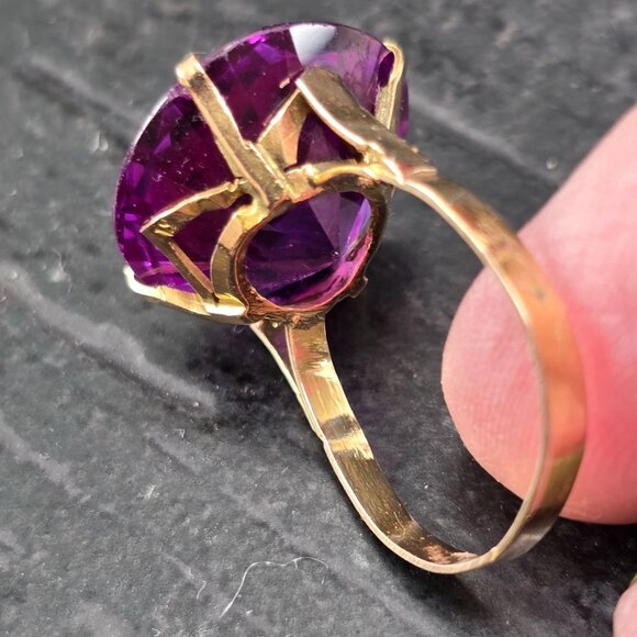 14K Gold Amethyst Solitaire Ring Large Round Gemstone Estate Size 7 HS136 - Picture 5 of 14